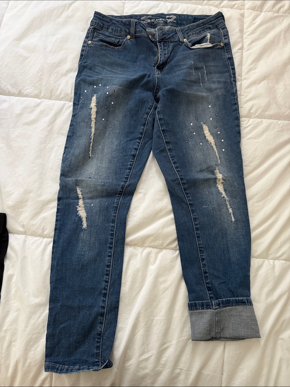 Seven7 Dark Blue Distressed Boyfriend Jeans with Cuff & Stud Detail
